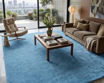 Alfombra de lana azul cielo tejida a mano, moderna alfombra azul lisa de 8x10, alfombra escandinava para sala de estar, alfombra de lujo suave y mullida disponible en tamaño personalizado.
