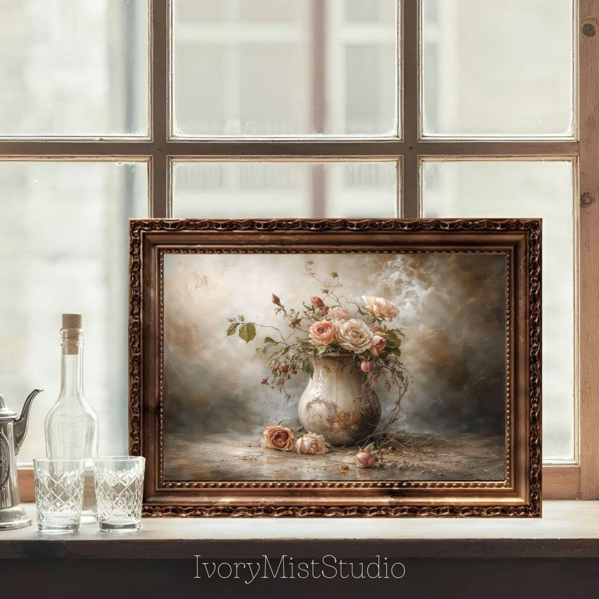 Moody Floral Still Life Print, Vintage Wall Art, Romantic Bouquet ...