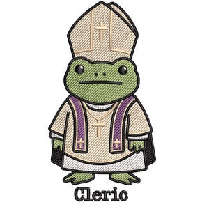 May include: Embroidered design of a green frog dressed as a cleric, wearing a beige robe with purple accents and a tall hat. The word "Cleric" is embroidered in black at the bottom. The frog has large, round eyes.