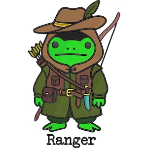 May include: A cartoon illustration of a green frog dressed as a ranger, wearing a brown hat with a feather, a green hooded coat, and a utility belt. The frog is holding a bow and arrow, and the word "Ranger" is written below.