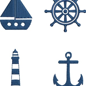 May include: Four navy blue nautical themed embroidered designs on a white background. The designs include a sailboat, a ship's wheel, a lighthouse with white stripes, and an anchor.