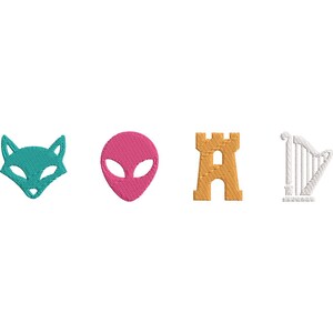 San Antonio basket, Fox Alien Castle Harp broderidesign, söt ikonuppsättning maskinbroderifiler, minimalistiska symboler PES DST