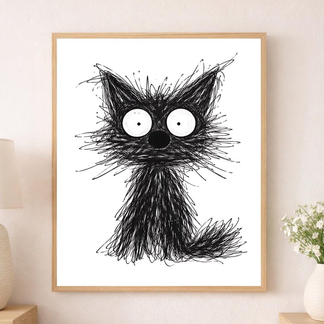 Funny Black Cat Poster Printable, Abstract Scribble Cat Wall Art Decor ...
