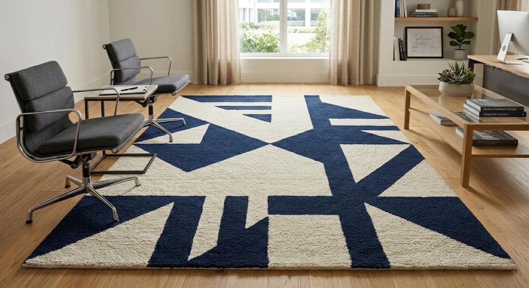 Hand Tufted Wool Rug, Navy Blue Cream Geometric Abstract Carpet ...