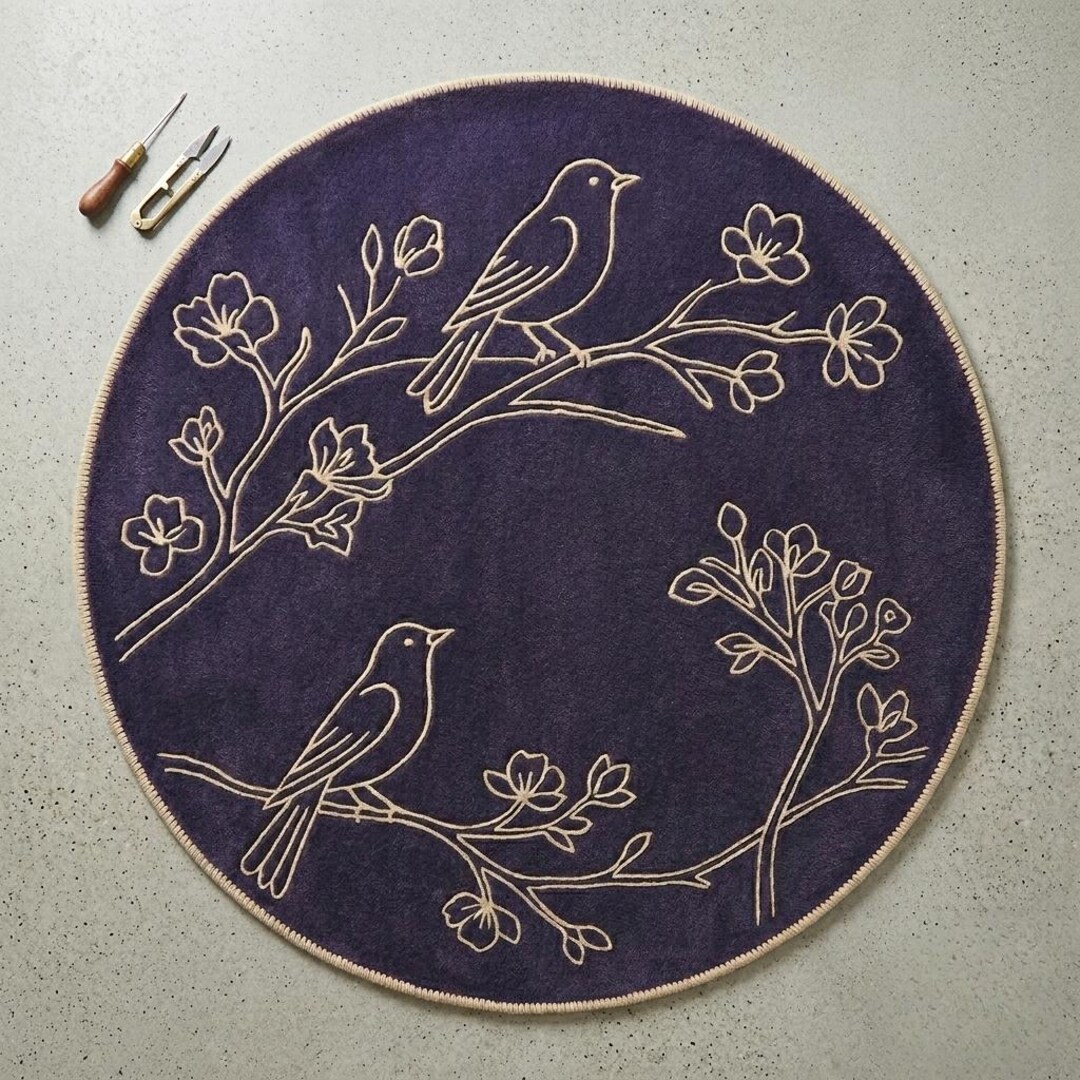 Purple Roung Rug Hand Tufted Round Area Rug | Deep Purple Botanical Bird Rug ...