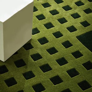 May include: A textured area rug featuring a repeating grid pattern of dark green squares set against a lighter olive green background. The rug has a dense, plush pile construction and is partially covered by a solid white cube-shaped object.