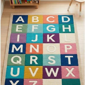 Hand Tufted Alphabet Kids Rug, Colorful ABC Educational Playroom Carpet, Montessori Wool Decor