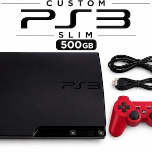 May include: A black PS3 Slim console with 500GB storage, a red wireless controller, and two black power and charging cables. The text CUSTOM PS3 SLIM 500GB is displayed above the console, which features the PS3 logo on its top surface.