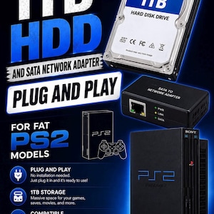 May include: A 1TB hard disk drive and a SATA network adapter for fat PS2 models. The image features text including 1TB HDD, SATA TO NETWORK ADAPTER, PLUG AND PLAY, FOR FAT PS2 MODELS, and a black PlayStation 2 console. The components are black and silver.