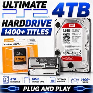 May include: An image showcasing a 4TB hard drive, a 16MB memory card, and a network adapter, all labeled for PS2 use. The text reads "ULTIMATE HARDDRIVE 1400+ TITLES" and "PLUG AND PLAY".