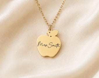 Personalized Apple Necklace | Custom Teacher Name Necklace | Engraved Apple Pendant
