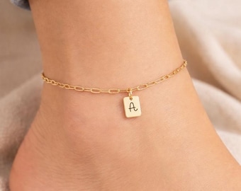 Personalized Initial Anklet | Gold Paperclip Chain Anklet | Custom Letter Anklet | Minimalist Engraved Charm Anklet | Dainty Summer Jewelry