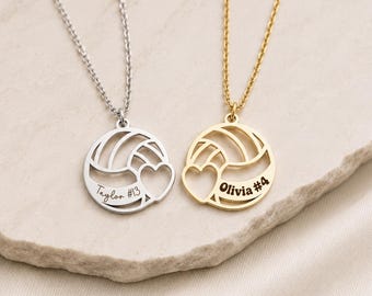 Personalized Sports Jewelry for Volleyball players, Custom Engraved ball Heart Necklace Gift. Minimalist necklace. team mom name number