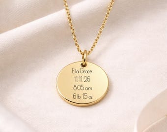 Personalized Baby Stats Necklace – Custom Birth Detail Necklace – Name, Date, Time & Weight – New Mom Gift Keepsake