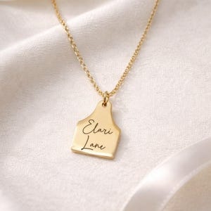 May include: A gold-colored necklace with a pendant shaped like a tag. The tag has the words "Elari Lane" in a handwritten font. The necklace is displayed on a white, textured surface.