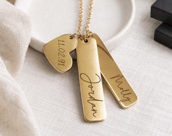 Personalized engraved Name Bar Necklace with Heart Charm  Mom Name Birthdate anniversary Necklace Minimalist Gold Bar Necklace