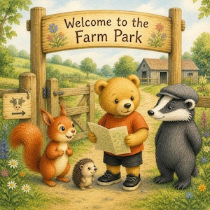 May include: A whimsical illustration of a farm scene. A wooden sign reads "Welcome to the Farm Park." A bear, squirrel, hedgehog, and badger stand near a gate. The bear holds a map. The scene is set in a field with a barn in the background.