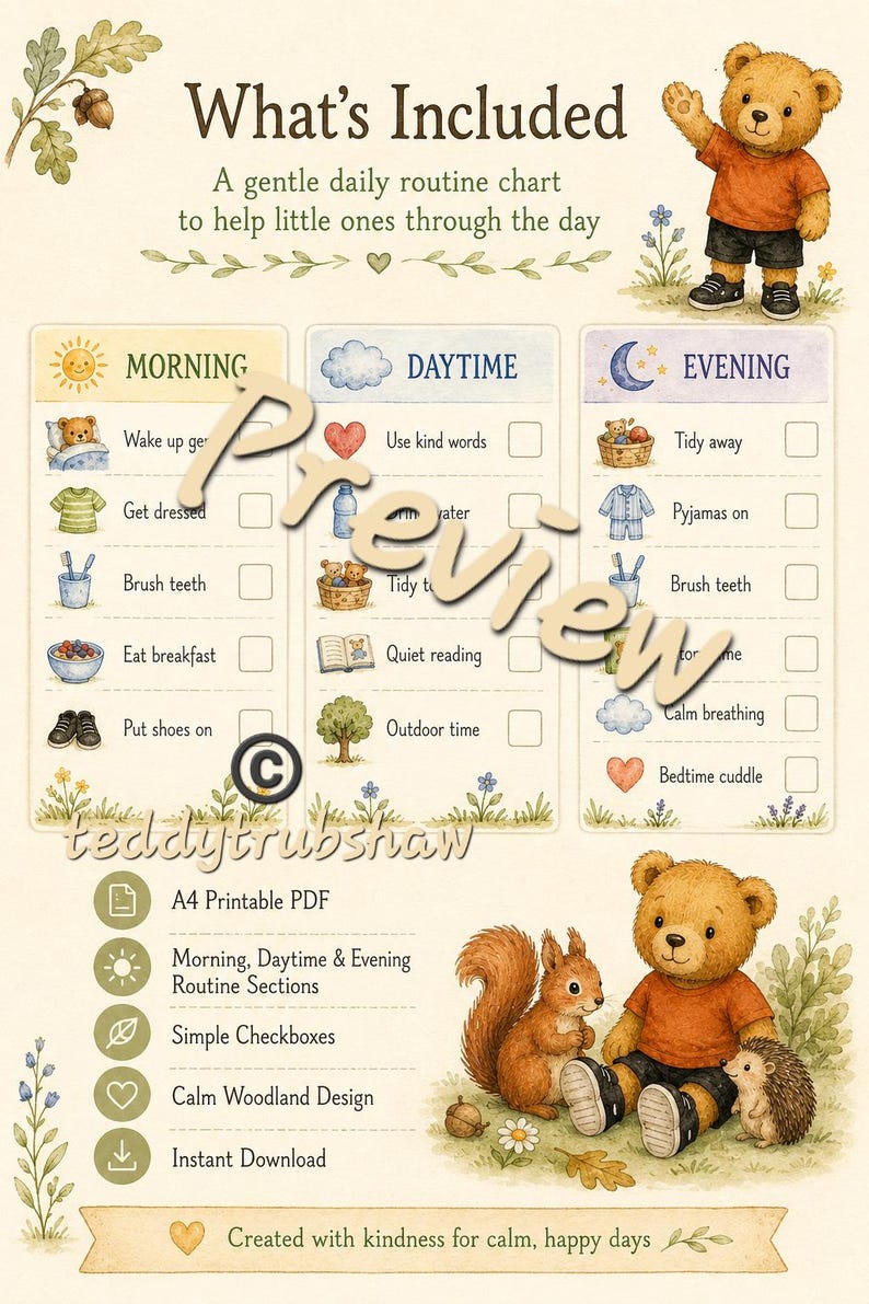 Kids Daily Routine Chart | Woodland Visual Schedule, Teddy Bear PDF ...