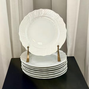 Può includere: Una pila di sette piatti in ceramica bianca con bordo smerlato e un sottile motivo a griglia in rilievo sul bordo. I piatti sono tenuti in posizione verticale da un supporto in metallo dorato, che mette in risalto la finitura lucida e i dettagli.