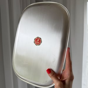 Vintage Quist serveringsfat 1966 tyskt rostfritt stålfat mitten av århundradet modern metallbricka