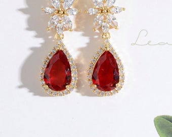 Boucles d'oreilles pendantes zircone rouge pour femmes, plaqué or 14 carats, cristaux et strass.