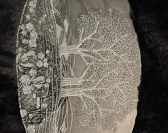 Vintage 1980s serving platter oval 16.5”x11”Nova Sun Valley Round Etched glass trees