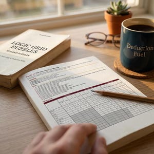 Logische rasterpuzzels, 30 moeilijke deductie-uitdagingen in printbaar PDF-bestand.