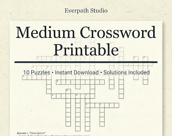 Cruciverba di media difficoltà stampabile – Pacchetto di 10 puzzle in PDF – Giochi per la mente – Download immediato – Soluzioni incluse
