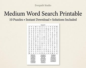Word Search Printable, Medium 10-Puzzle PDF Pack With Solutions