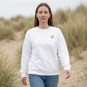 Organic oversized sweatshirt with lighthouse chest patch, eco-friendly casual loungewear minimalist streetwear top