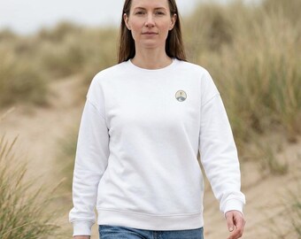 Organic oversized sweatshirt with lighthouse chest patch, eco-friendly casual loungewear minimalist streetwear top