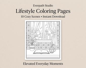 Adult Coloring Pages | 10 Cozy Lifestyle Scenes, Printable Digital Download