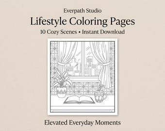 Pagine da colorare a tema lifestyle – Scene accoglienti, relax per adulti (download immediato)