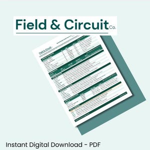 Peut inclure: Un document PDF numérique avec le texte "Field & Circuit Co." en haut. Le document a un fond blanc avec du texte et des tableaux verts et noirs. Les mots "Instant Digital Download - PDF" sont en bas.