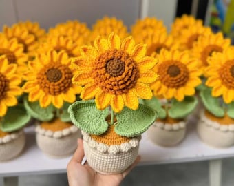 Crocheted Sunflower Potted Plant, Amigurumi Desk Decor, Handmade )