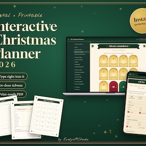 Könnte beinhalten: Ein digitaler und druckbarer interaktiver Weihnachtsplaner 2026 mit Laptop und Smartphone, die einen Advents-Countdown und eine Geschenkliste anzeigen. Enthält einen Adventskalender mit 24 Türchen, Budgetplaner und druckfertige PDF-Seiten.