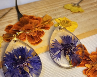 May include: A pair of teardrop-shaped resin earrings featuring embedded deep blue cornflower petals. Each earring is suspended from a gold-toned metal hook. The clear resin preserves the natural texture and vibrant color of the flowers.