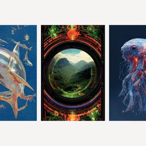 Surrealistiska konsttryck med haj, portal och maneter | Drömsk kustgalleriset (digital nedladdning) bild 1