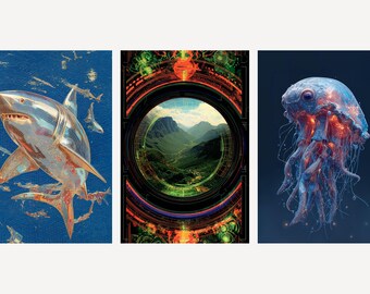 Surreal Shark, Portal, Jellyfish Art Prints | Dreamy Coastal Gallery Set (Digital Download)