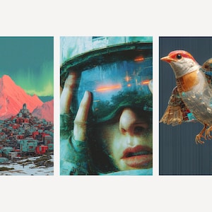Ensemble d'affiches murales rétro-futuristes | Montagne, astronaute, oiseau mécanique (Téléchargement numérique) image 1