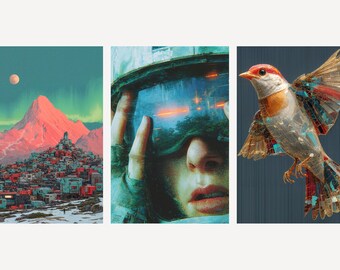 Retro Futuristic Wall Art Set | Mountain, Astronaut, Mechanical Bird Posters (Digital Download)