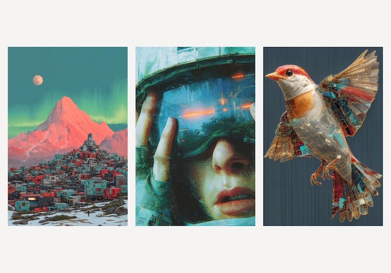 Ensemble d'affiches murales rétro-futuristes | Montagne, astronaute, oiseau mécanique (Téléchargement numérique) image 1