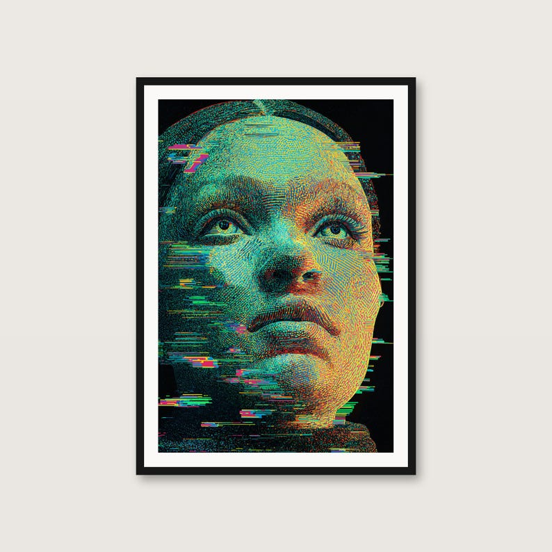 Glitch Portrait Print | Teal Mosaic Woman, Cyberpunk Pixel Art (Digital Download) image 1