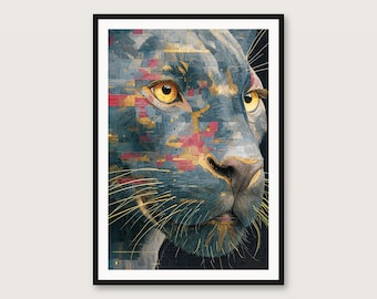 Glitch Panther Art Print | Psychedelic Big Cat Mosaic Poster (Digital Download)