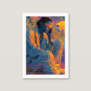 Surrealer Glitch-Porträtdruck | Orange-blauer Sonnenuntergang, sich auflösende Figur (Digitaler Download) Bild 4