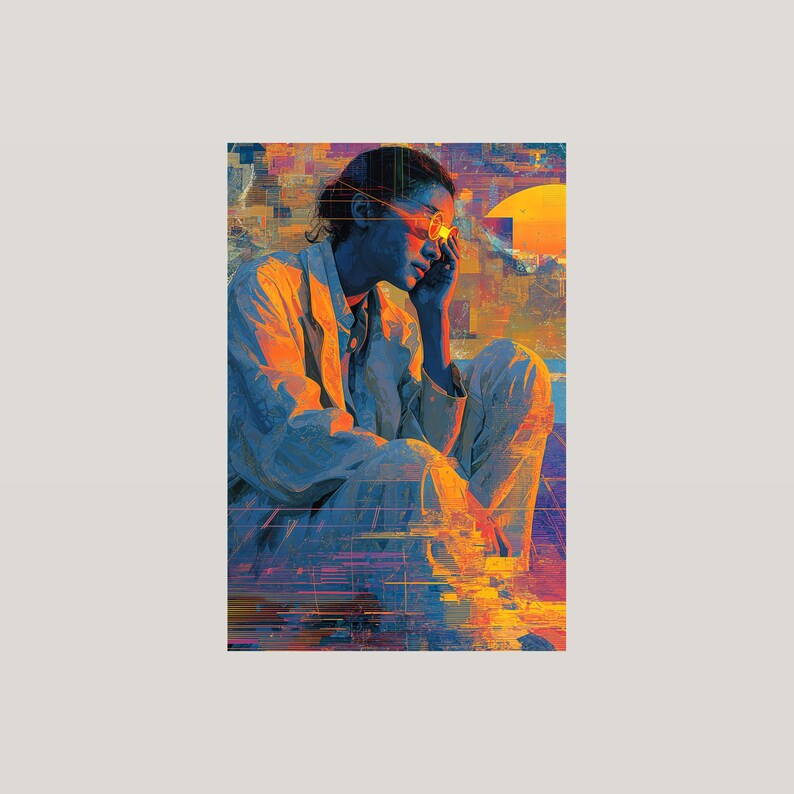 Surrealer Glitch-Porträtdruck | Orange-blauer Sonnenuntergang, sich auflösende Figur (Digitaler Download) Bild 3