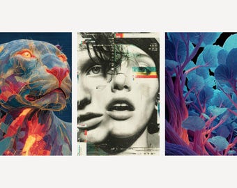 Maximalistische collage muurdecoratie set | Panter, punkportret, neon botanische posters (digitale download)