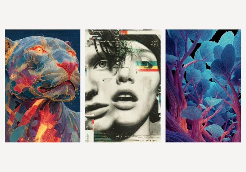 Maximalist Collage Wall Art Set | Panther, Punk Portrait, Neon Botanical Posters (Digital Download) image 1