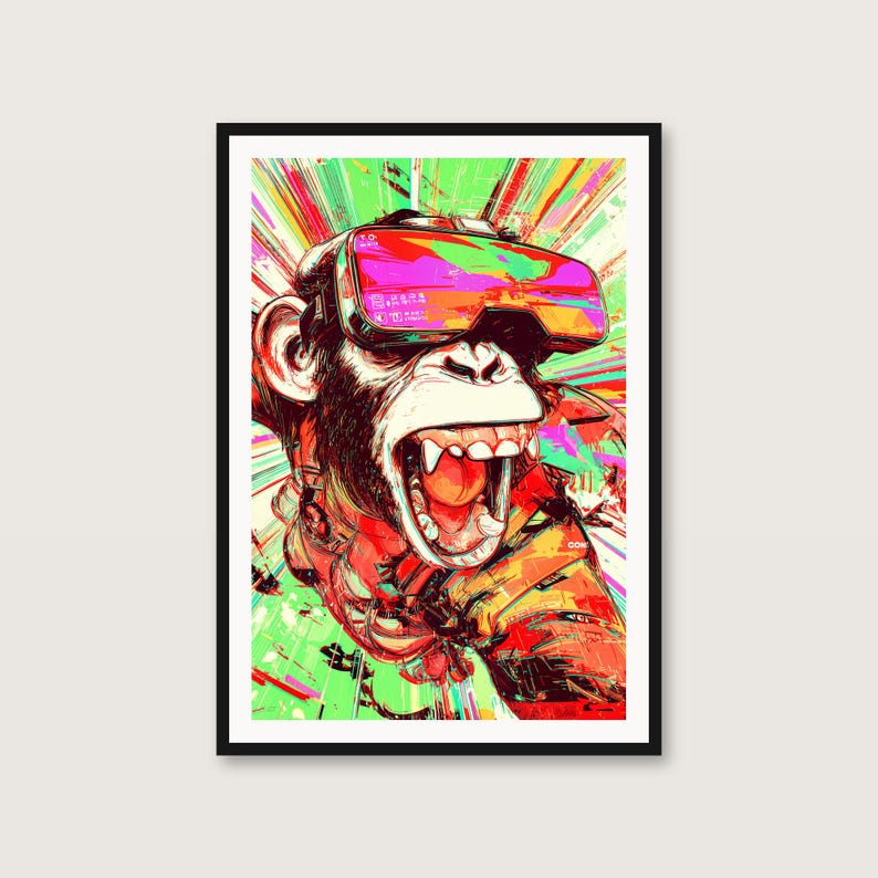 Affiche pop art « Singe hurlant en réalité virtuelle » | Décoration murale humoristique pour gamers (Téléchargement numérique) image 1