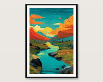 Neon Coast Landscape Print | Cosmic Ethereal Boho Wall Art (Digital Download)